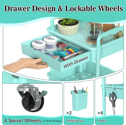 SUNALLY 3 Tier Rolling Cart with Drawer, Bathroom Storage Organizer with 2 Lockable Wheels, Multifunctional Rolling Storage Cart for Bathroom, Kitchen, Office, Craft, Makeup, Baby Essentials, White