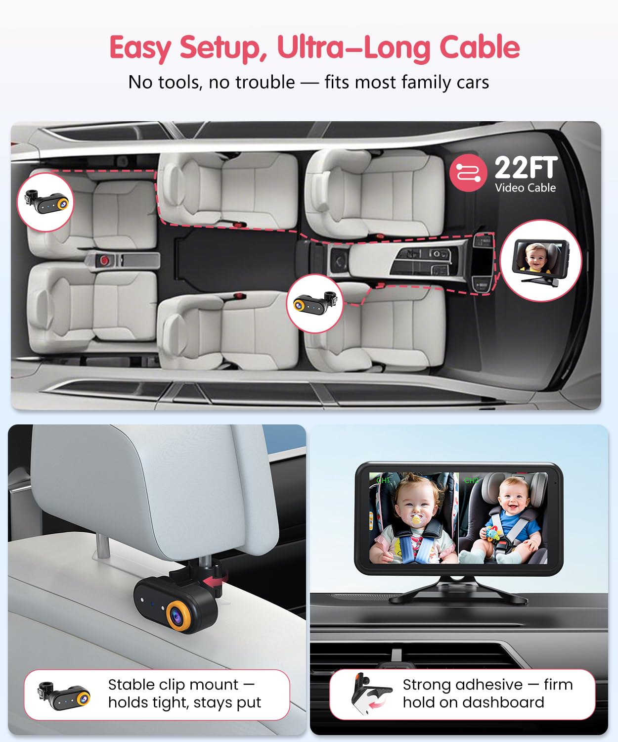 LUCKVIEW BM2 PRO Dual Baby Car Camera, 5.2" 1080P HD Display for Rear-Facing Car Seats, IR Night Vision, Anti-Shake Mount, Easy Install – Ideal for Parents with 2 Kids and Pets (Blue)