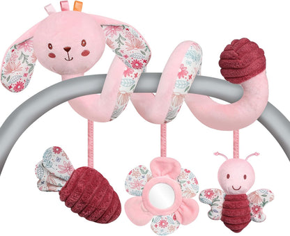 USATDD Car Seat Toys for Babies, Spiral Hanging Toys Stroller Activity Toys, Pink Sensory Baby Plush Carseat Toys 3 Month Baby Toys Newborn Essentials for 0 3 6 12 Months