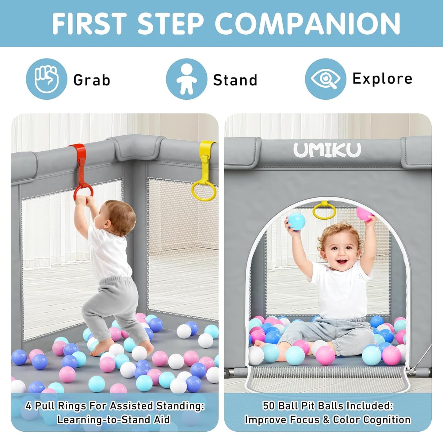 Baby Playpen Foldable Playpen for Babies and Toddlers, Large Playpens Portable Play Pen Play Yard for Kids Fence Indoor Outdoor Travel 4 Handlers 50 Balls Baby Gifts Essentials 50"X50" Dark Grey