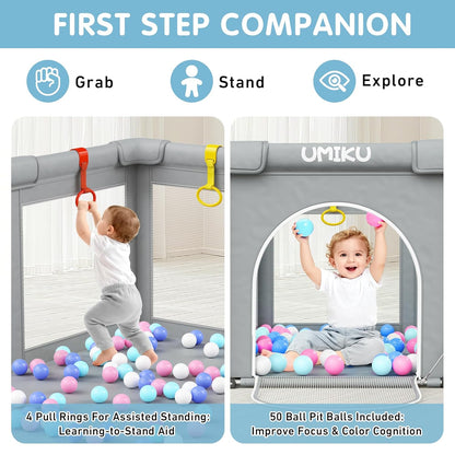 Baby Playpen Foldable Playpen for Babies and Toddlers, Large Playpens Portable Play Pen Play Yard for Kids Fence Indoor Outdoor Travel 4 Handlers 50 Balls Baby Gifts Essentials 50"X50" Dark Grey