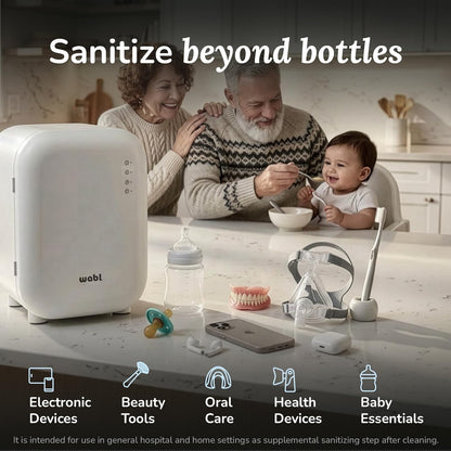 WABI UV LED 3-in-1 Sanitizer & Dryer MINI Box | Disinfect, Dry, & Store Everyday Items, Baby Feeding Gear, and Electronics | Touch Control, LED (No Mercury) | Smart Storage Mode | Fits 4-6 Baby Bottle