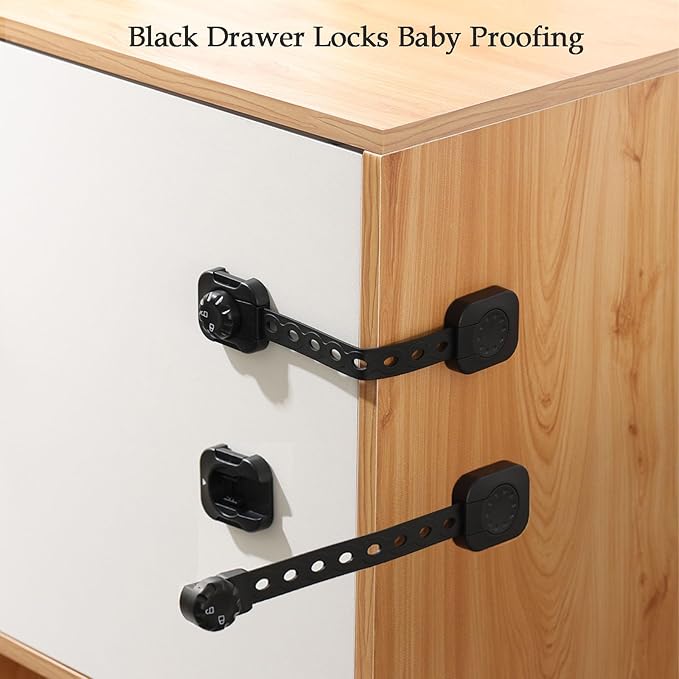 Cabinet Locks Baby Proofing, Child Safety Drawer Locks -Adjustable Child Safety Strap Locks Adhesive Baby Door Latch for Fridge Toilet Oven No Drill Furniture Kitchen Lock Black 2Pack