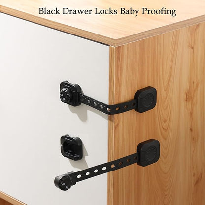 Cabinet Locks Baby Proofing, Child Safety Drawer Locks -Adjustable Child Safety Strap Locks Adhesive Baby Door Latch for Fridge Toilet Oven No Drill Furniture Kitchen Lock Black 2Pack
