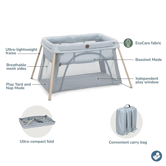 Maxi-Cosi Calao Travel Playard, Infant Bassinet, Toddler Playpen, Portable, Lightweight, Foldable, Easy Setup, with Carry Bag, Breathable Mesh, Classic Slate