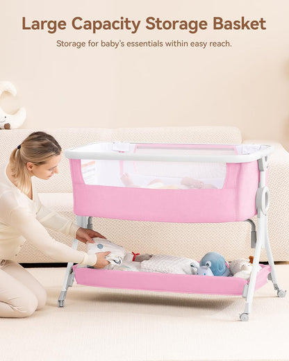 Larex Baby Bassinet Bedside Sleeper Crib Co Sleeper for Newborn Infant Toddler with Mosquito Net, Storage Bag & Basket, 5-Height Adjustable, Movable Wheels, Breathable Mattress & Mesh (Dark Gray)