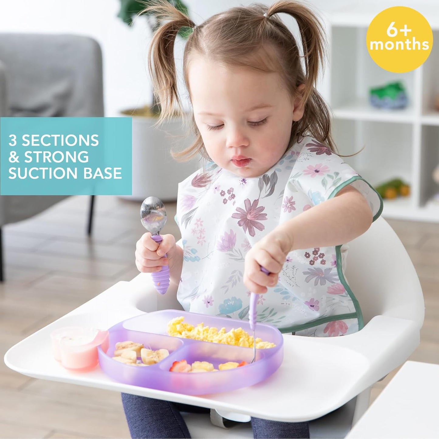 Bumkins Toddler and Baby Suction Plate, Divided Grip Dish for Babies and Kids, Baby Led Weaning, Feeding Supplies, Sticks to Tables and Highchairs, Platinum Silicone, for Chidren 6 Months, Gray
