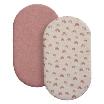 Blissful Diary Muslin Bassinet Sheets for Baby Girls Boys, Boho Soft Cotton Fitted for Oval Hourglass Rectangle Mattress, 2 Pack(Sunshine&Brown)