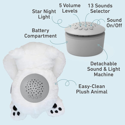 PureBaby Sound Sleepers Portable Sound Machine & Star Projector - Plush Sleep Aid for Baby and Toddlers with Soothing Night Light Display, 10 Lullabies, White Noise, and Heartbeat Sounds (Polar Bear)