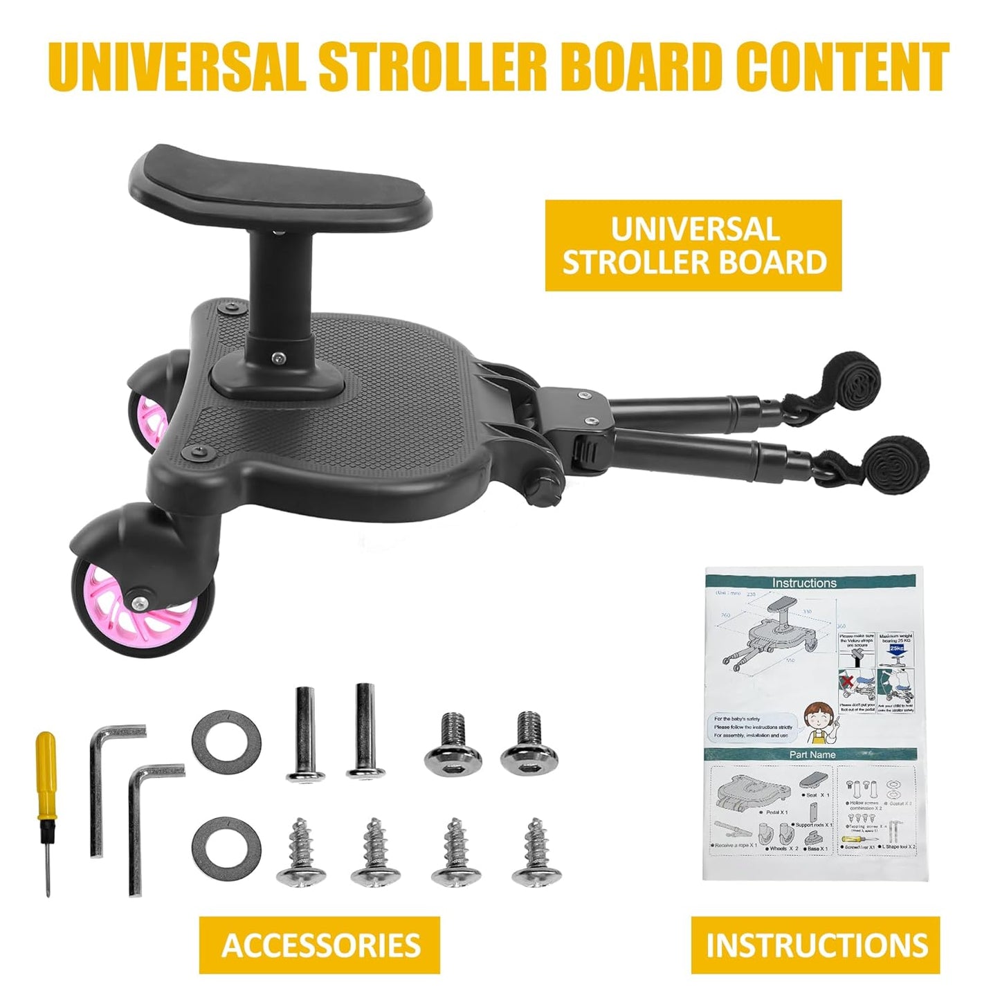 2026 New-Universal Stroller Board with Detachable Seat, 2in1 Sit and Stand Stroller Connectors for Most Strollers, Holds Children Up to 55 LBs Stroller Standing Board(Black)