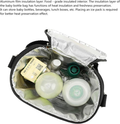 Lmbabter Embroidered Bear Stroller Organizer Tote Bag, Bottle Insulation Pouch, Portable Cooler Storage Essential for Milk/Breast Pump,Baby Travel Supplies (Black)
