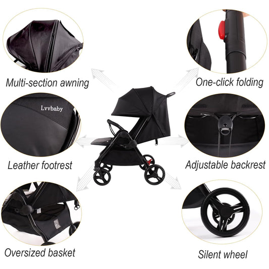 Lvvbaby Double Stroller with Adjustable Large Canopies, Double Seats Lightweight Stroller for Twins,Compact Fold,One-Handed Fold,Reclining Seats,Silent Wheel,5-Point Harness and Big Storage Basket
