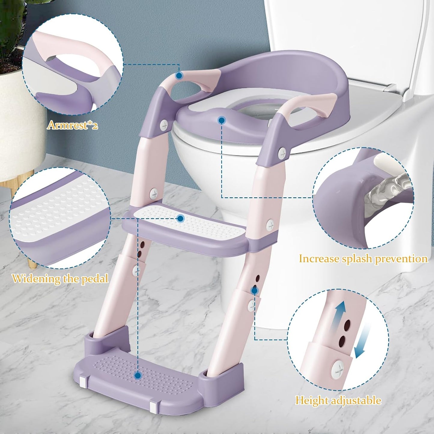 Potty Training Seat 3-in-1 Toddler Toilet Ladder (Toilet, Ladder, Squatting Aid) for Children Boys Girls with Removable Cushion, Anti-Splash & Foldable Design - Grey