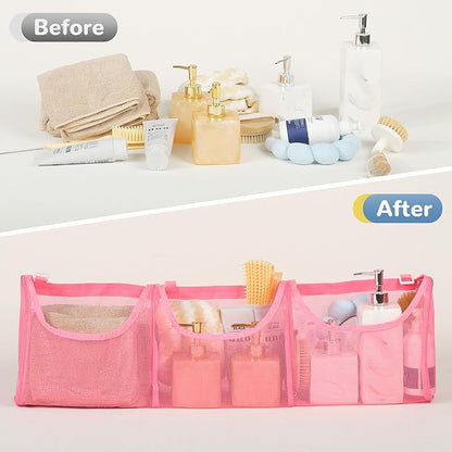 Bath Toy Storage, Large Capacity Bath Toy Holder, Opening 3 Compartments Bathtub Toy Storage, Quick Dry Bath Toy Organizer, Mesh Shower Caddy for Easy Access & Sorting Toys - Pink
