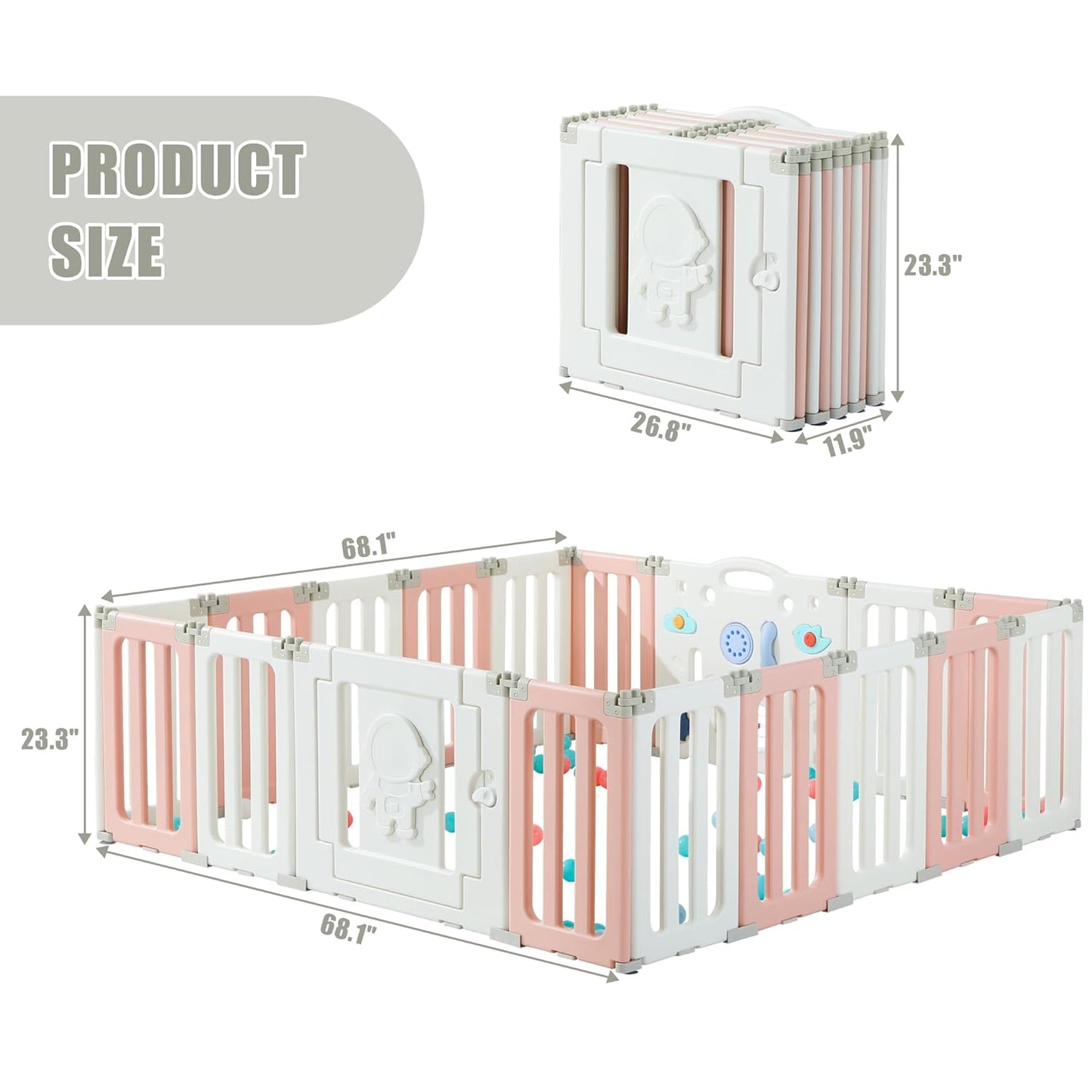 Bestgame Baby Play Pen, Foldable Play Pens for Babies and Toddlers, 14 Panels Extra Large Baby Playpen, Astronauts Portable Fence, Kids Gate Playpen Yard - Grey