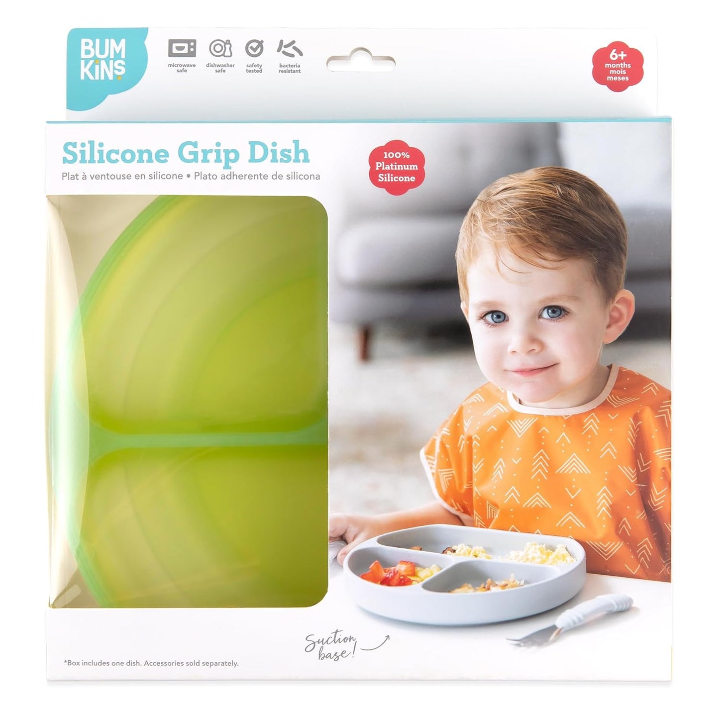 Bumkins Toddler and Baby Suction Plate, Divided Grip Dish for Babies and Kids, Baby Led Weaning, Feeding Supplies, Sticks to Tables and Highchairs, Platinum Silicone, for Chidren 6 Months, Gray