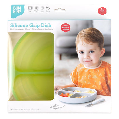Bumkins Toddler and Baby Suction Plate, Divided Grip Dish for Babies and Kids, Baby Led Weaning, Feeding Supplies, Sticks to Tables and Highchairs, Platinum Silicone, for Chidren 6 Months, Gray