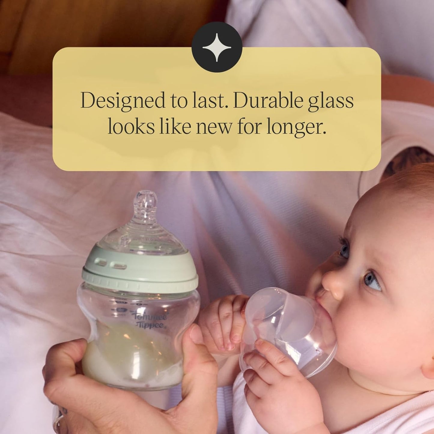 Tommee Tippee Natural Start 9 oz Glass Baby Bottles, Self Sterilizing, BPA & Phthalates Free, 0+ Months, Slow Flow Breast-Like Nipple for a Natural Latch, Travel Jar Lids, Cup Rings, Pack of 3