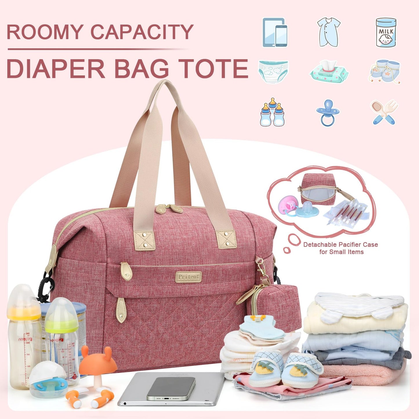Pritent Diaper Bag Tote - Diaper Baby Bags with Pacifier Case, Shoulder Straps, Stroller Clips, Waterproof Large Mommy Maternity Travel Baby Bag for Mom and Dad, Green, Medium