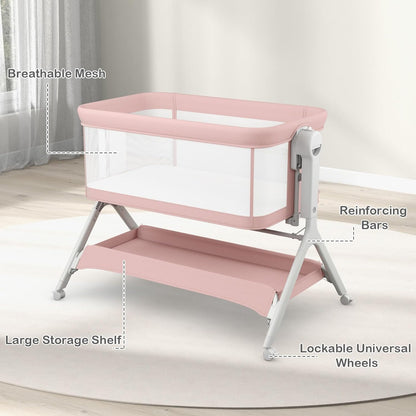 INFANS 5 in 1 Baby Bassinet, Upgraded Rocking Bedside Sleeper with Wheels, Storage Basket, Travel Bag, Mosquito Net, Height Adjustable, Portable All Mesh Crib for Newborn/Infant (Pink)
