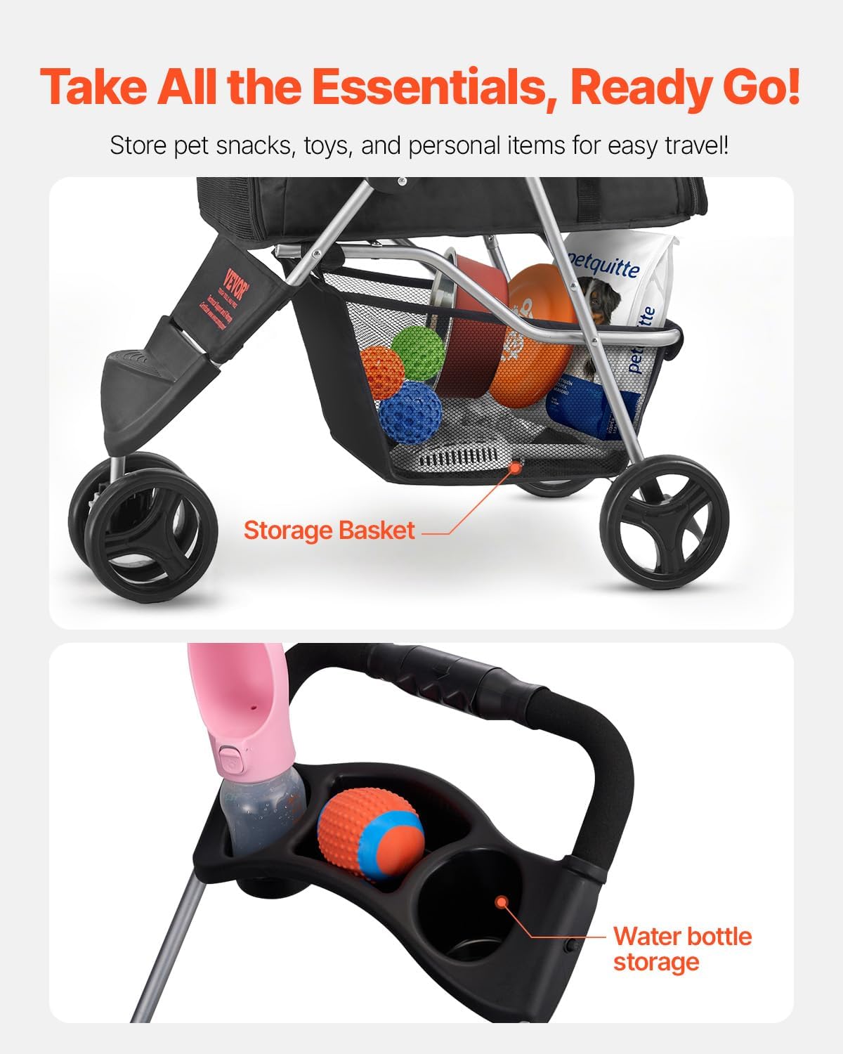 VEVOR Pet Stroller, 44 lbs Weight Capacity, Foldable Dog Cart, 4 Wheels Cats Stroller with Mesh Windows & Revrsible Handle, Portable Pet Carrier with Brake, for Small to Medium Pets