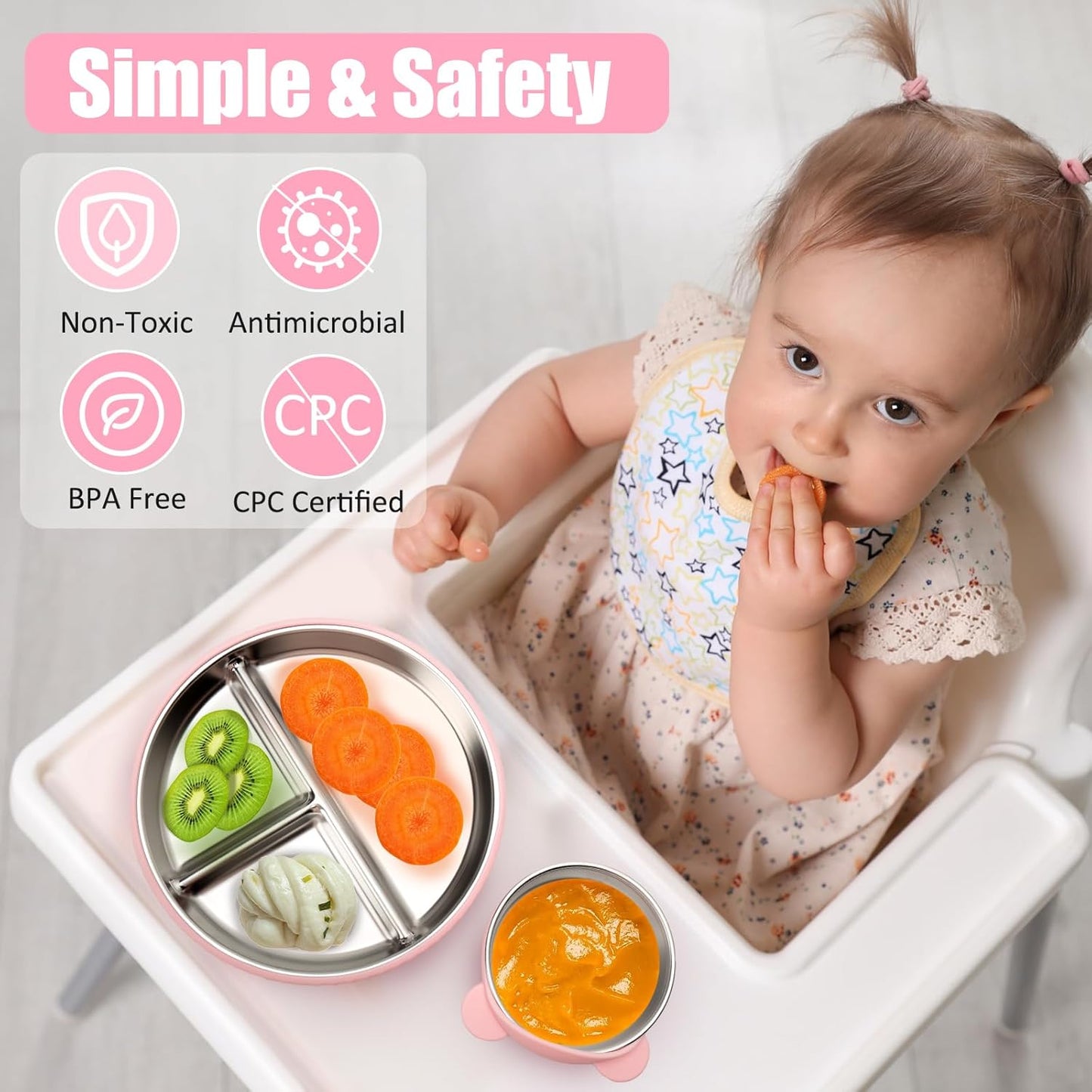 MISSLILI Stainless Steel Baby Plate and Bowls with Suction, Divided Kids Baby Plate and Toddler Bowl with Removable Silicone Suction, Non-Slip Baby Feeding Set Dishwasher Safe，4 Packs