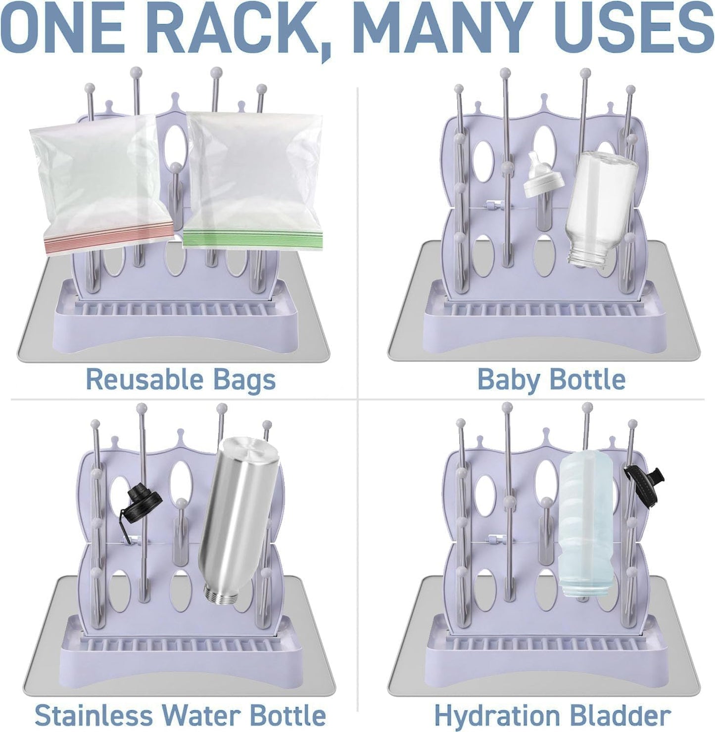 Portable Bottle Drying Rack with Drain Mat, Foldable & Space Saving Drying Rack for Baby Bottles, Pump Parts,Cups,Pacifiers, and Reusable Ziplock Dryer Rack(Grey Drying Rack with Drain Mat)