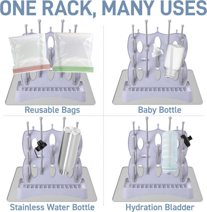 Portable Bottle Drying Rack with Drain Mat, Foldable & Space Saving Drying Rack for Baby Bottles, Pump Parts,Cups,Pacifiers, and Reusable Ziplock Dryer Rack(Grey Drying Rack with Drain Mat)