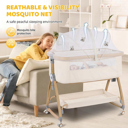 Bassinet Bedside Sleeper,Bedside Bassinet,Rocking Bassinet,3 in 1 Portable Bedside Crib with Mattress,Mobile,Mosquito Net,Storage Basket,6-Height Adjustable Baby Bassinet with Wheels for Newborn,Beige