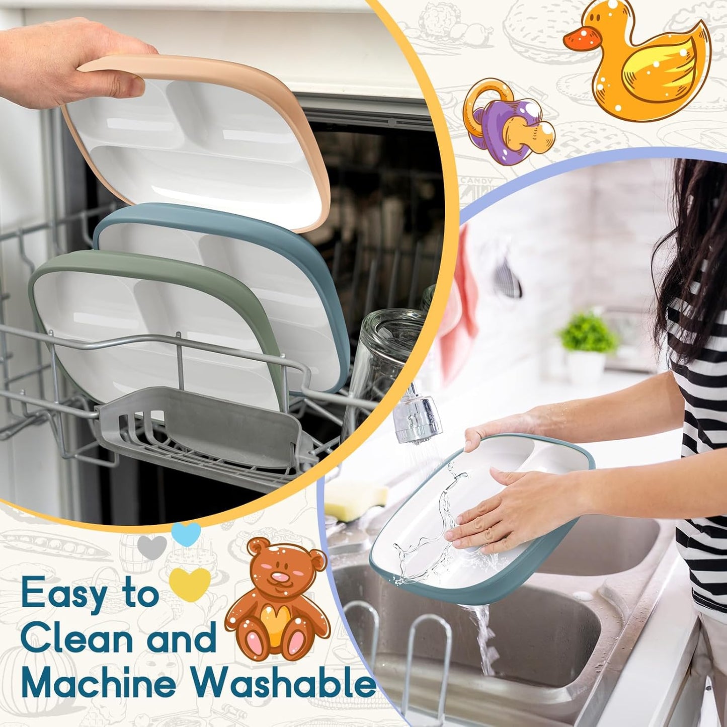 Domensi Kids Porcelain Plates with Silicone Sleeves 8.2 Inch Divided Porcelain Plate Toddler White Suction Dishes for Baby Troubleless Eating Microwave Dishwasher Safe(Stylish,3 Set)