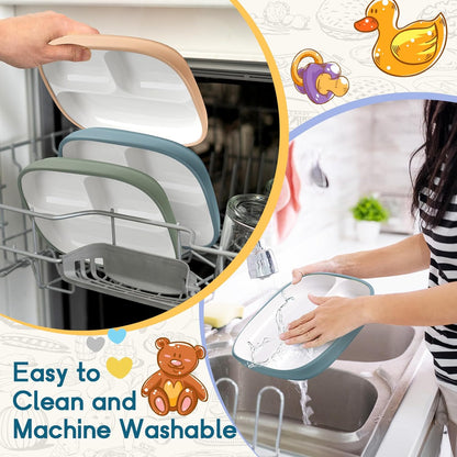 Domensi Kids Porcelain Plates with Silicone Sleeves 8.2 Inch Divided Porcelain Plate Toddler White Suction Dishes for Baby Troubleless Eating Microwave Dishwasher Safe(Stylish,3 Set)