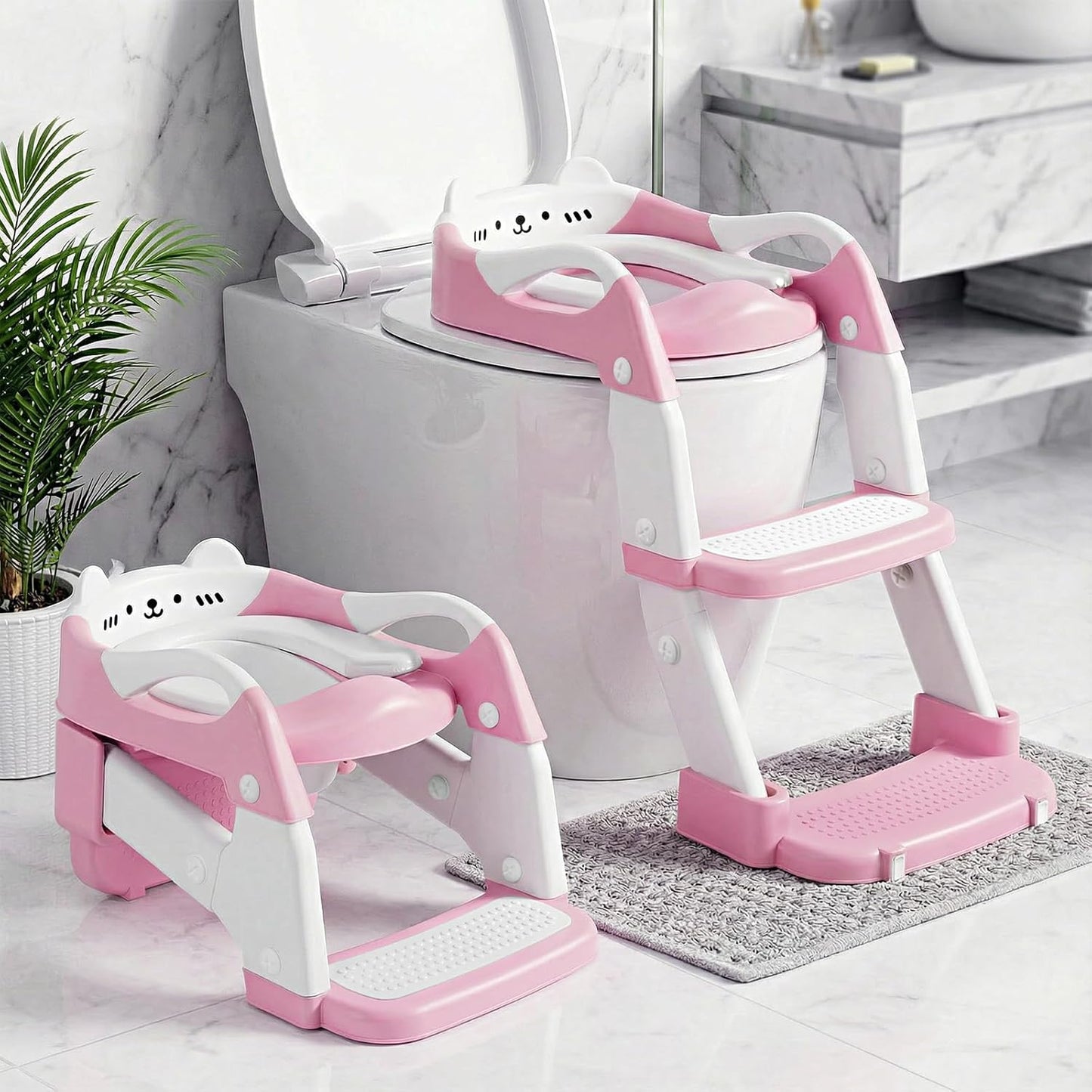 Orzbow Potty Training Seat | Upgrade Toddler Potty Training Toilet with Step Stool, 2-in-1 Stability Toilet Seat for Boys Girls | with Splash Guard, Anti-Slip Pad, Ladder, and Height Adjustable, Pink