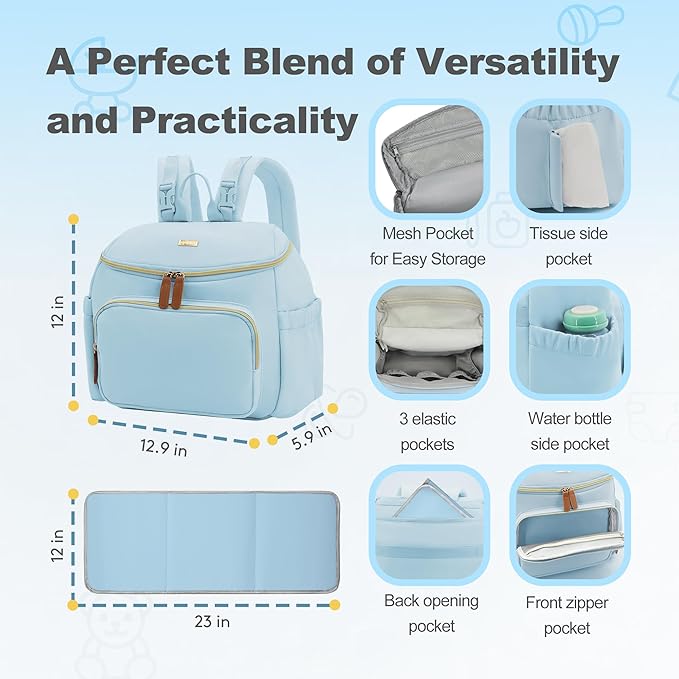 Compact Diaper Bag Backpack – Lightweight & Waterproof Baby Bag for Moms & Dads, Includes Changing Pad & Stroller Straps, Small Travel Diaper Backpack for Daily Use –Lt Blue