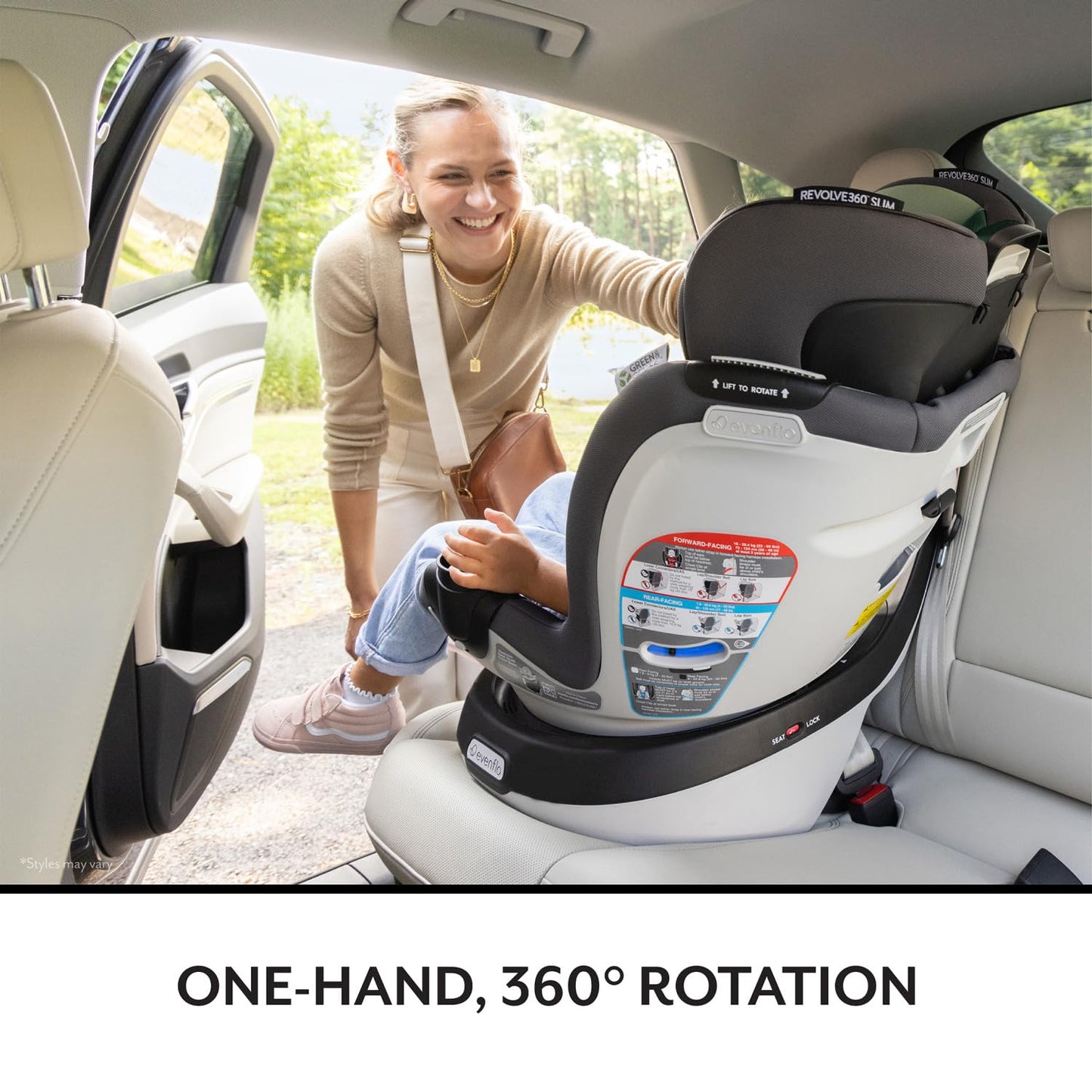 Evenflo Revolve360 Slim 2-in-1 Rotating Car Seat with Green & Gentle Fabric (Travertine)