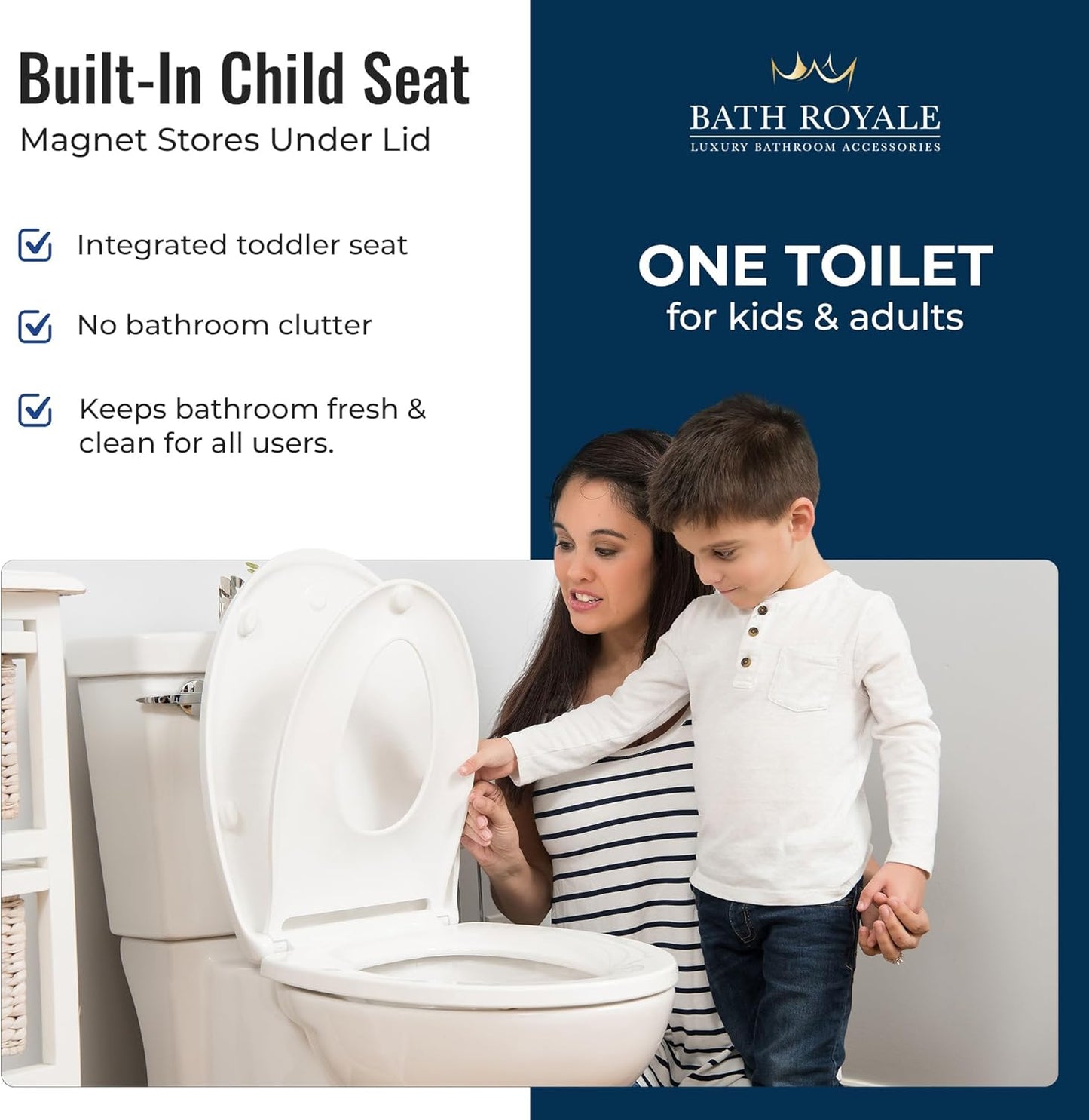 BATH ROYALE Potty Training Seat - Soft Close, Kingsport BR721-00, Elongated White, Adult & Child Combo