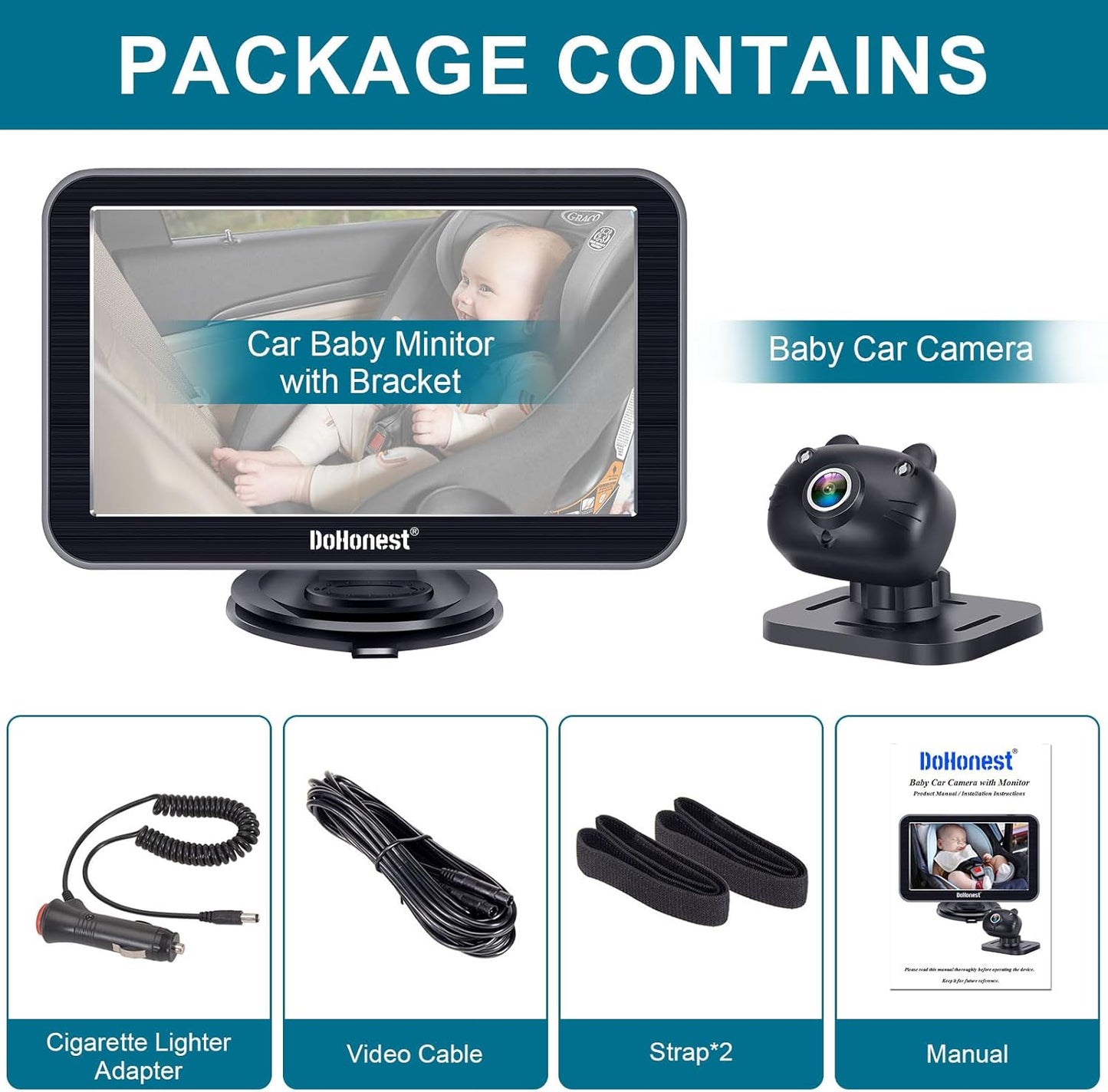 DoHonest Baby Car Camera 7-Inch: USB Plug and Play Easy Setup 360 Degree Rotating Backseat Camera Two Kids HD 1080P Rear Facing Car Seat Cameras Clear Night Vision -V9