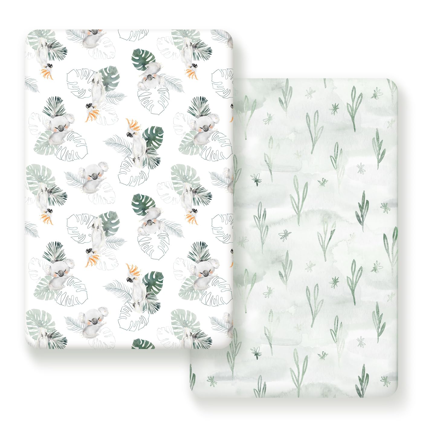 GRSSDER Stretch Ultra Soft Jersey Knit Fitted Pack n Play Playard Sheets Set 2 Pack，Fits Portable/Mini Cribs Sheets, Playards Mattress Pads, Stylish Watercolor Animals for Baby, Mint Green