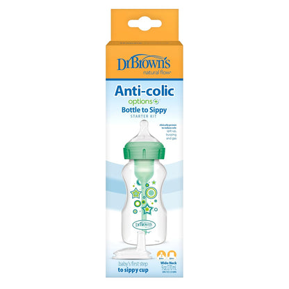 Dr. Brown's Anti-Colic Options+ Wide-Neck Sippy Bottle Starter Kit, 9oz/270mL, with Level 3 Medium-Fast Flow Nipple and Soft 100% Silicone Sippy Spout, Green, BPA-Free, 6m+, 2-Pack