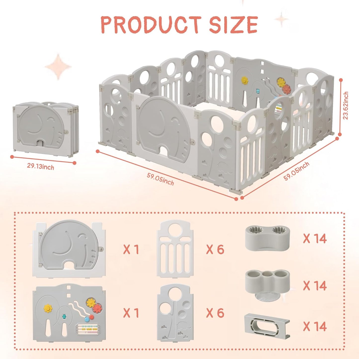 Baby Playpen, 14-Panel Foldable Play Pen for Babies and Toddlers, Indoor Outdoor Baby Fence with Sensory Play Panel, Adjustable Shape Activity Play Center, Portable & Easy Assemble