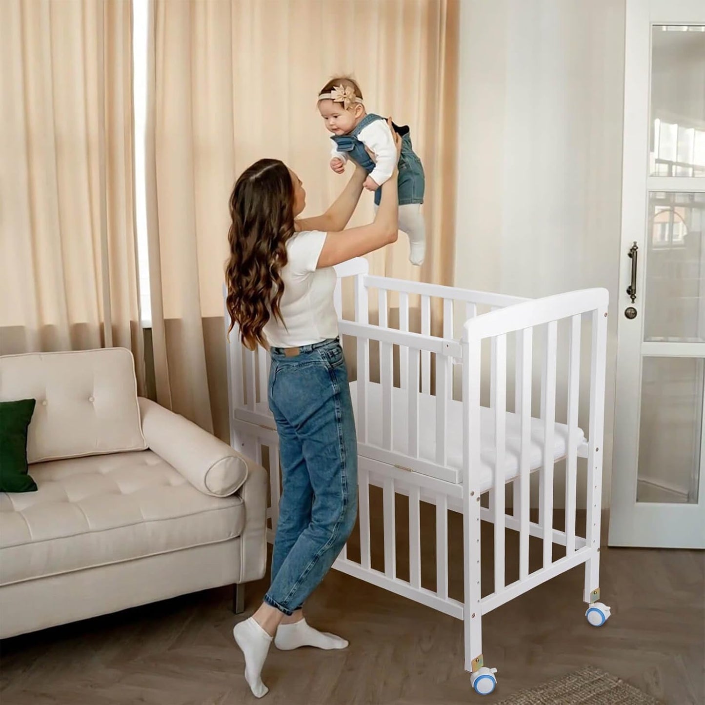 Flwrgirl Baby Bassinets Bedside Sleeper - Portable Pine Wood Bedside Bassinet with Mattress,3 Heights Small Mini Crib,Baby Crib for Newborns,Unpainted | Pine Wood Bassinet, Mattress Included, 3-IN-1 Convertible, Adjustable Height, Locking Wheels, Portalbe