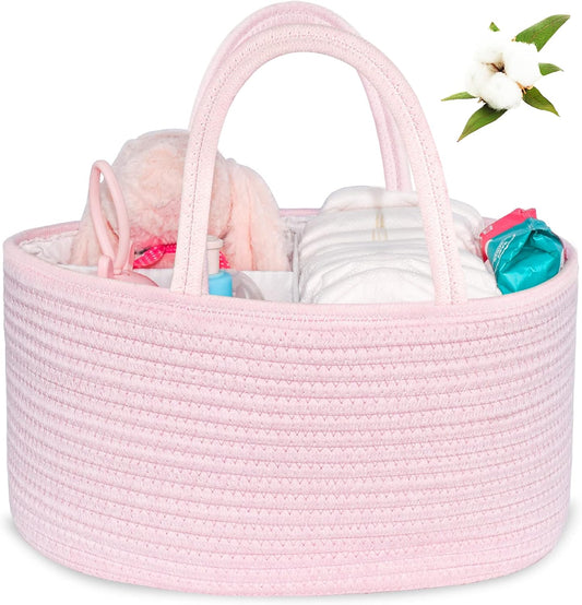 ABenkle Diaper Caddy Organizer - Cotton Rope Nursery Storage Basket for Baby Essentials, Boys & Girls Shower Gift, Changing Table Organizer, Pink