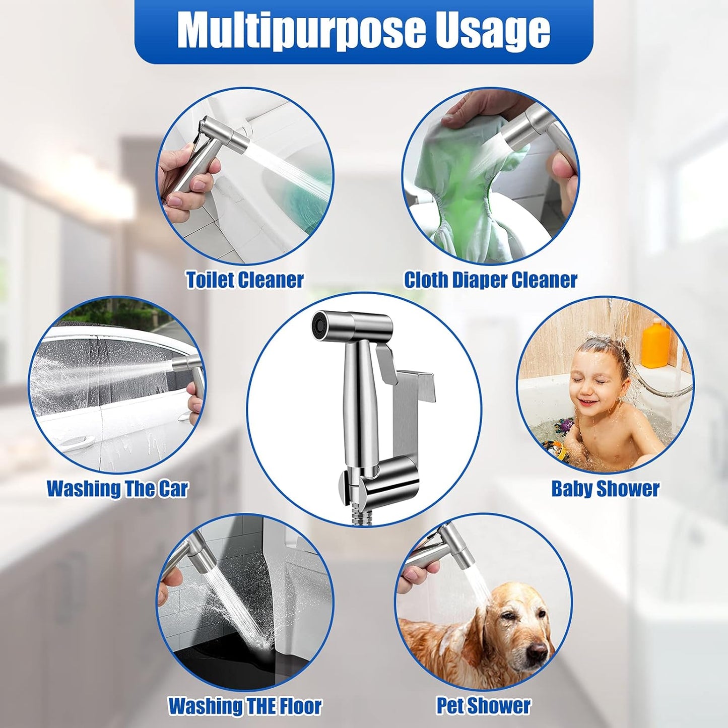 ORANGEHOME Bidet Toilet Sprayer Kit, Handheld Stainless Steel Baby Diaper Cloth Washer and Full Pressure Leakproof Pet Shower Sprayer