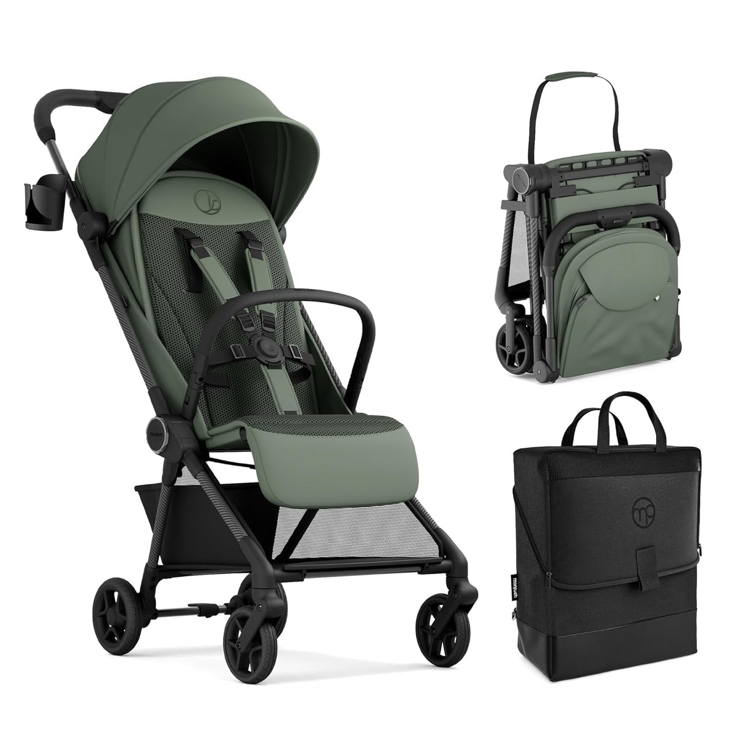 Mompush Nexis Carbon Travel Stroller, Ultra-Lightweight 11.5 lbs, Compact & Airplane Carry-On Approved, One-Second Auto-Fold, One-Hand Full Recline, from Birth to 50 lbs, JPMA Certified, Black