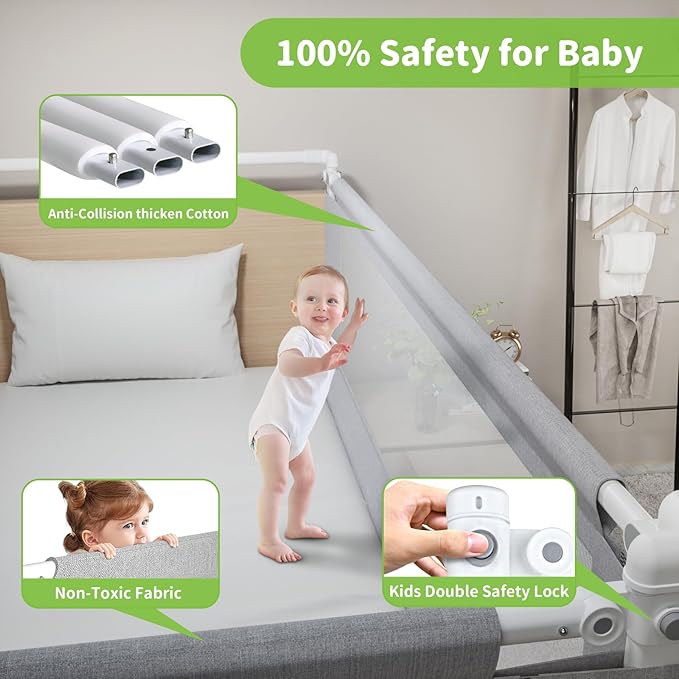 yulongtengfei 3-Piece Full Size Bed Rail for Toddlers - Adjustable Baby Bed Rail Guard, Kids Safety Bed Rail for Full Size Bed (74.8"x74.8"x54"-Grey)