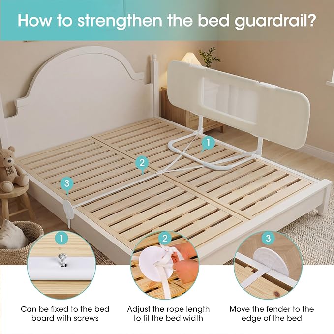 NUTIKAS 58" Bed Rails for Toddlers, Extra Long Side Folding Baby Bed Rail Guard for Queen & King Size Bed, Collapsible Kids Bedrail with Adjustable Height