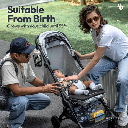 BabbleRoo Hoplite Compact Stroller – Lightweight Travel Stroller for Airplane (12.3 lbs), from Birth to 55 lbs, Easy Fold, PU Wheels, Alloy Frame, Near-Flat Recline, Cup Holder, Baby Stroller