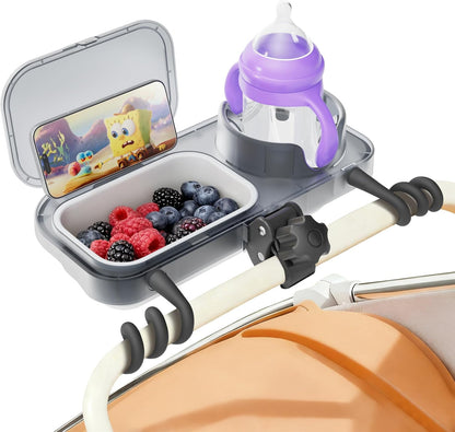 Universal Stroller Snack Tray, 3-in-1 Cup Holder Tray with Clamp & Silicone Arms Grip & Detachable Silicone Tray, Stroller Tray Attachment for Toddler & Kids, Snacking On The Go