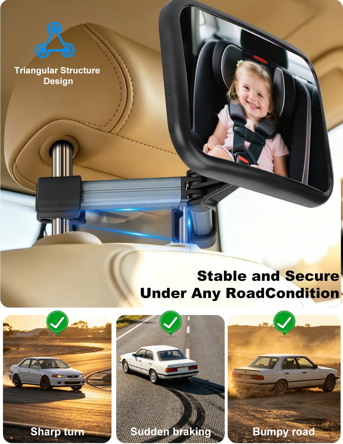 Kairiyard Baby Car Mirror, Hook Clip Car Back Seat Mirror for Baby Rear Facing, Clear Wide View Stable Safety Shatterproof 360° Rotation, Easily Observe the Baby