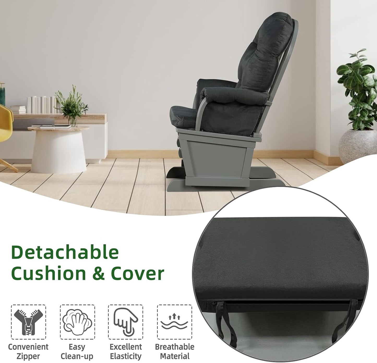Costzon Baby Glider and Ottoman Cushion Set, Wood Baby Rocker Nursery Furniture for Napping, Nursing, Reading, Upholstered Comfort Nursery Chair w/Padded Armrests & Detachable Cushion (Dark Grey)