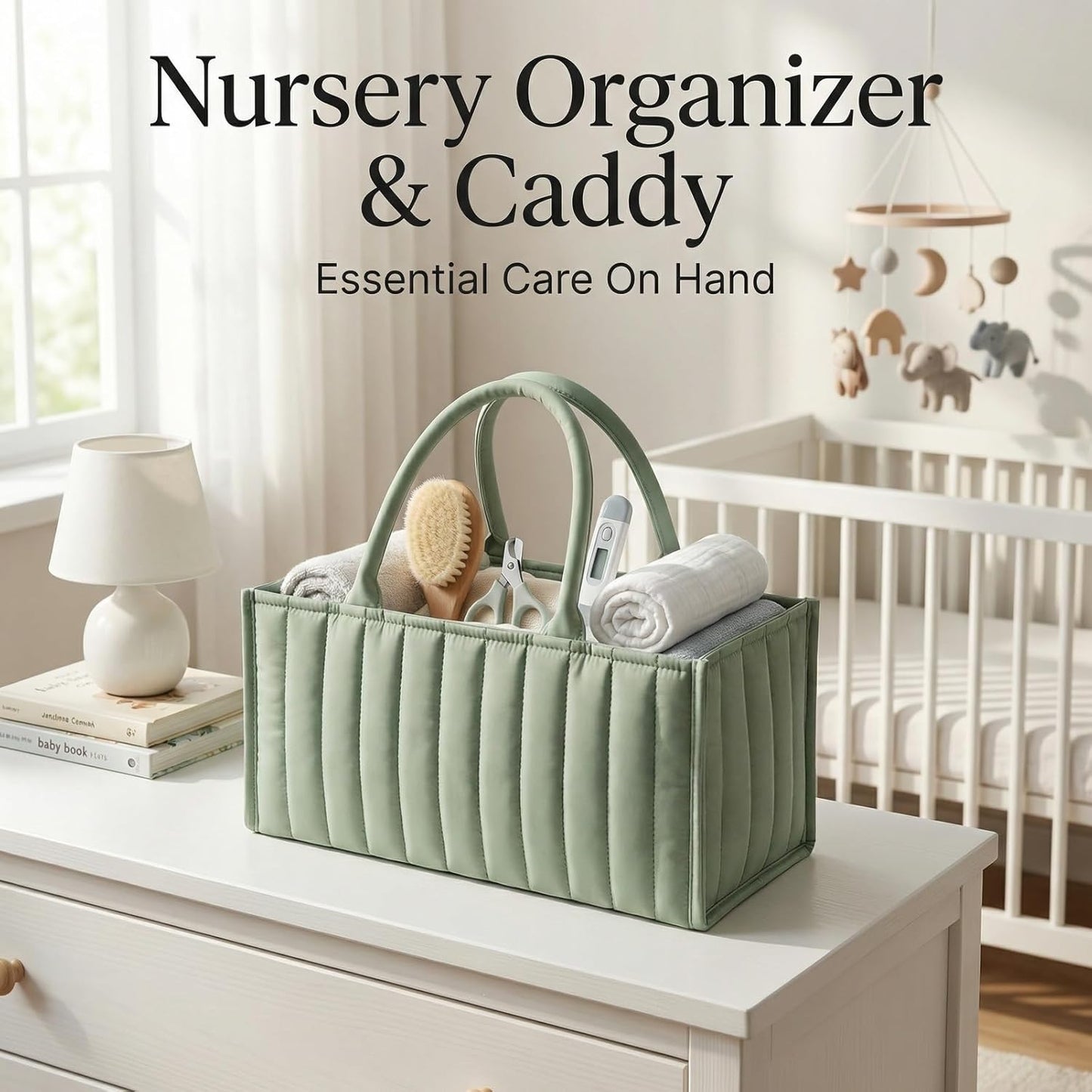 Portable Baby Essentials Organizer, 15x10x7 Inch Diaper Caddy for Nursery Storage, Handy Car Organizer for Newborn Must Haves